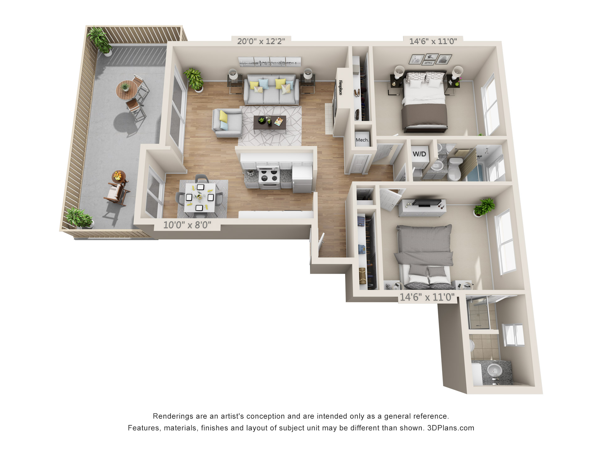 Floor plan for 2 beds, 2 baths, 1025 sqft
